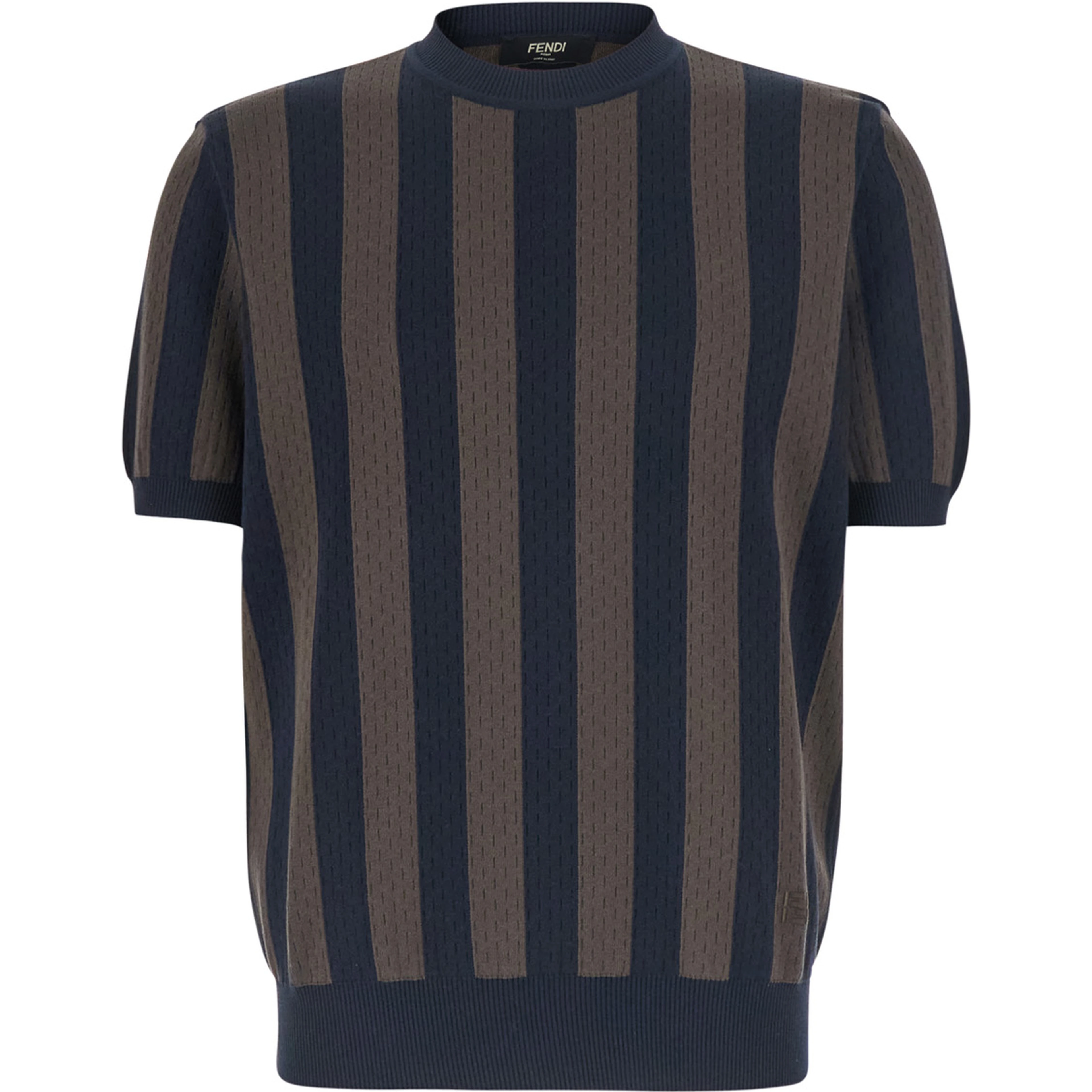 Blue Crew Neck T-shirt with All-Over Striped Motif in Cotton and Silk for Men