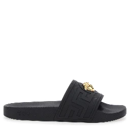Sandals with Medusa Plate on the Front in Black Tech Fabric for Men