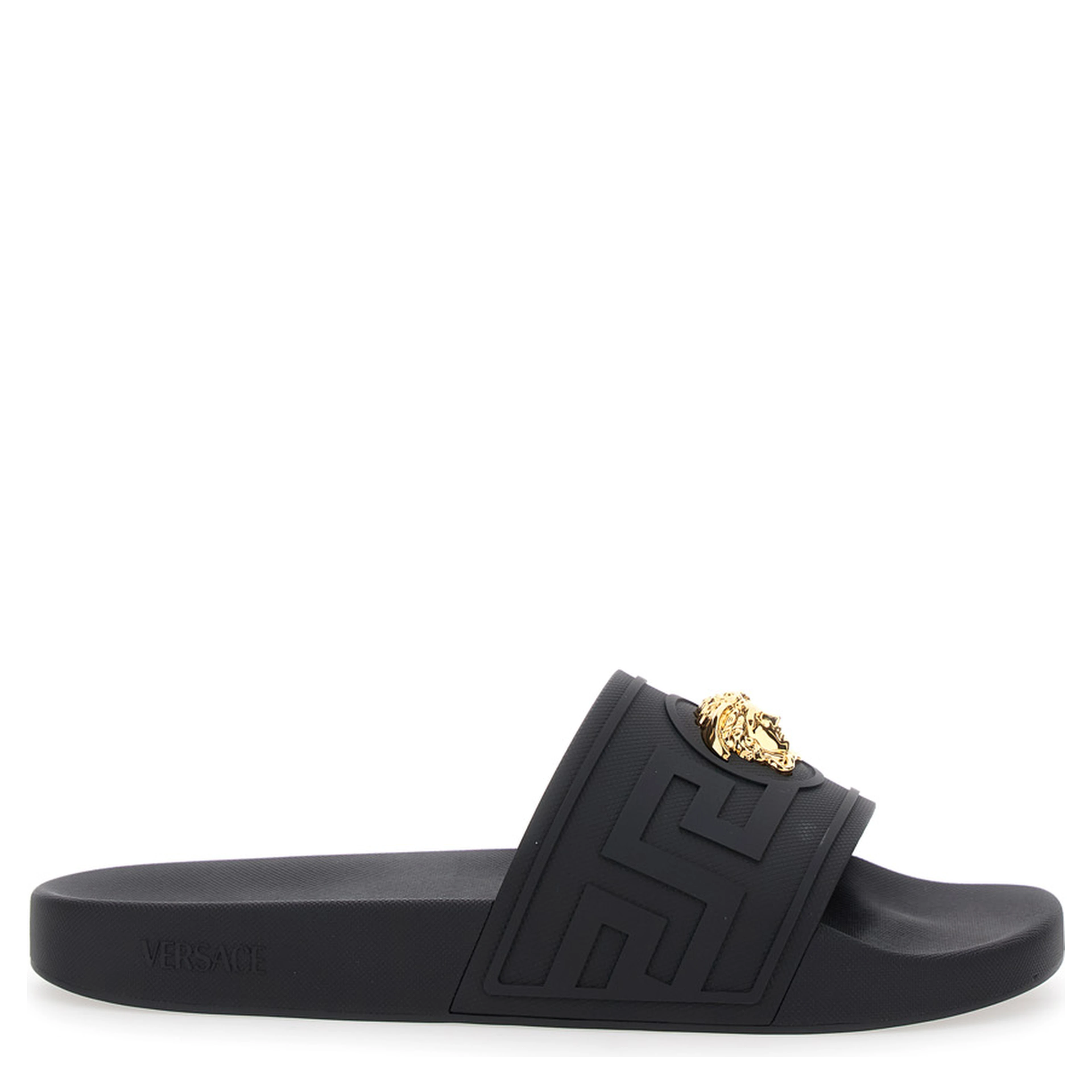 Sandals with Medusa Plate on the Front in Black Tech Fabric for Men