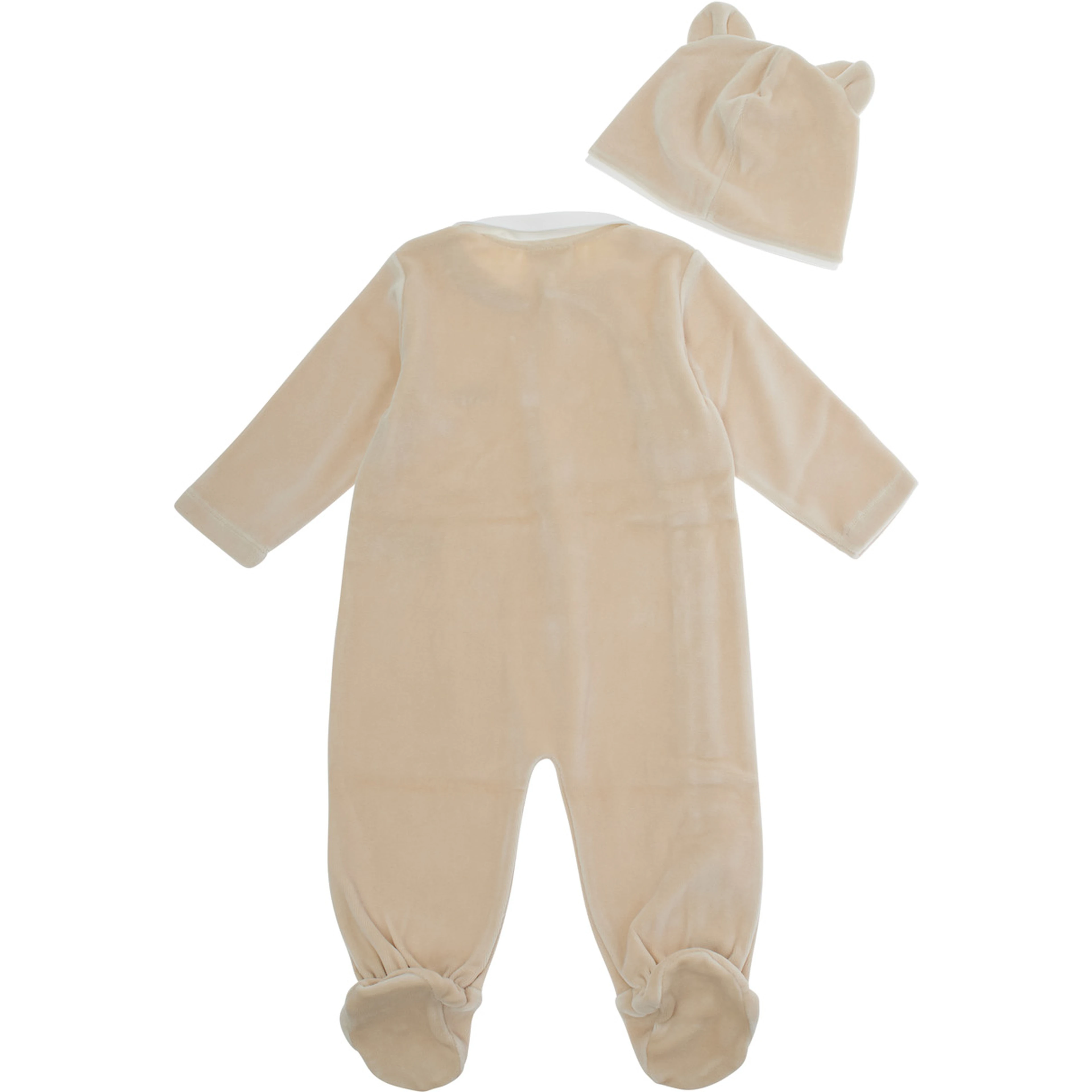 Beige Romper and Beanie with Logo Lettering on the Front and Footies in Blend Cotton Baby
