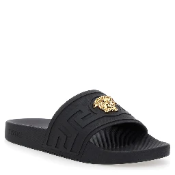 Sandals with Medusa Plate on the Front in Black Tech Fabric for Men