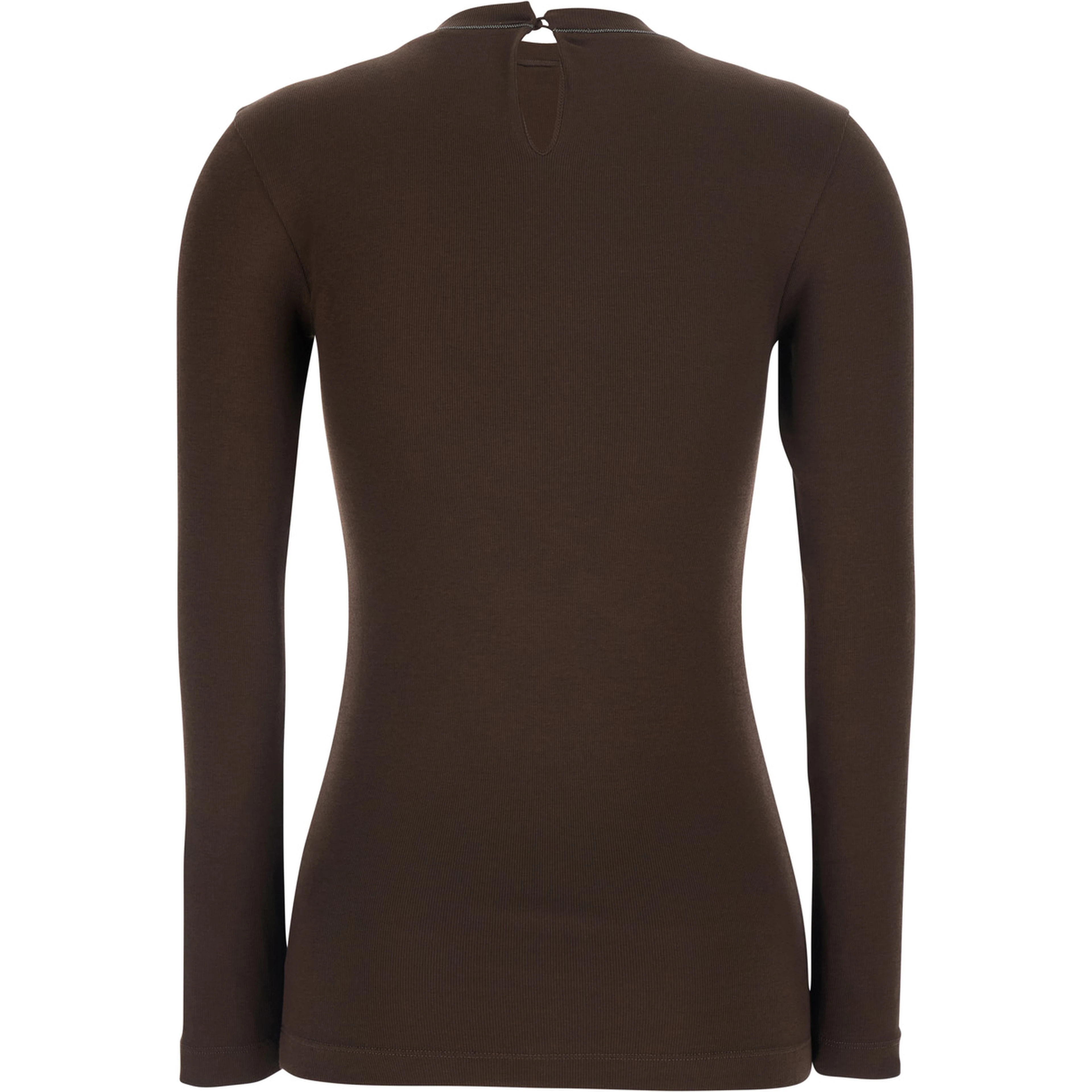 Brown Crew neck T-shirt with Monil detail on the neck and keyhole closure at the back in cotton for women