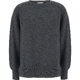 CANDY Grey Sweater with round neck and split cuffs in wool and cashmere for women