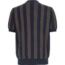 Blue Crew Neck T-shirt with All-Over Striped Motif in Cotton and Silk for Men