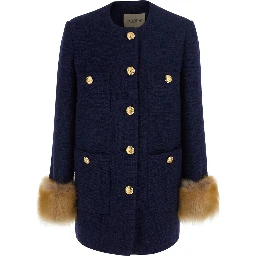 Mossi Blue Jacket with jewel buttons with VLogo and fur cuffs in Blend wool for women