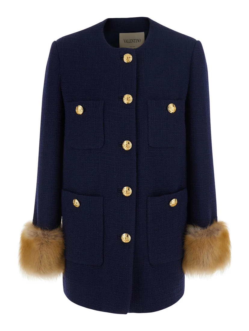 Mossi Blue Jacket with jewel buttons with VLogo and fur cuffs in Blend wool for women