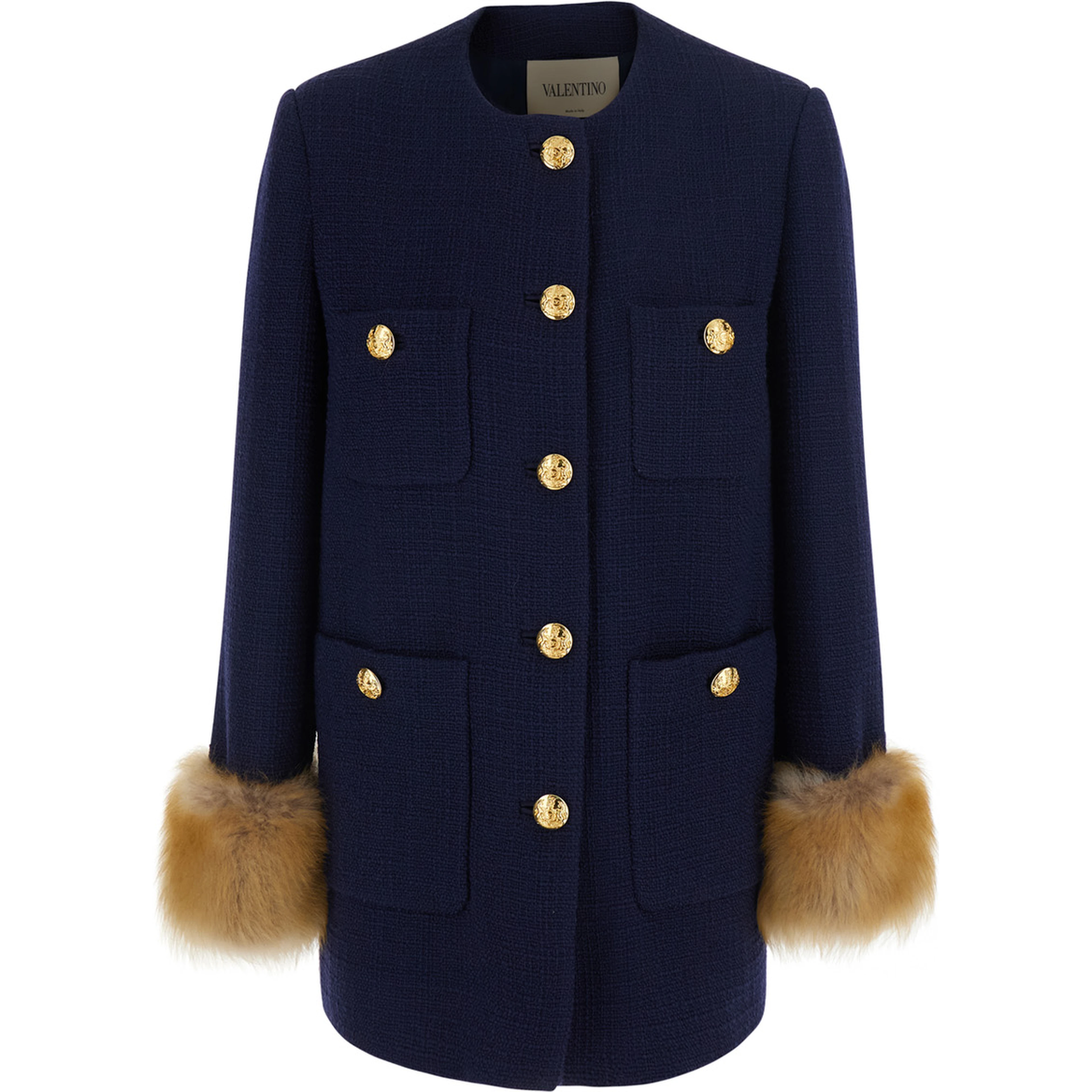 Mossi Blue Jacket with jewel buttons with VLogo and fur cuffs in Blend wool for women