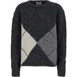 Keira Gray Crew Neck Sweater with Argyle Motif on the Front in Blend Wool for Women