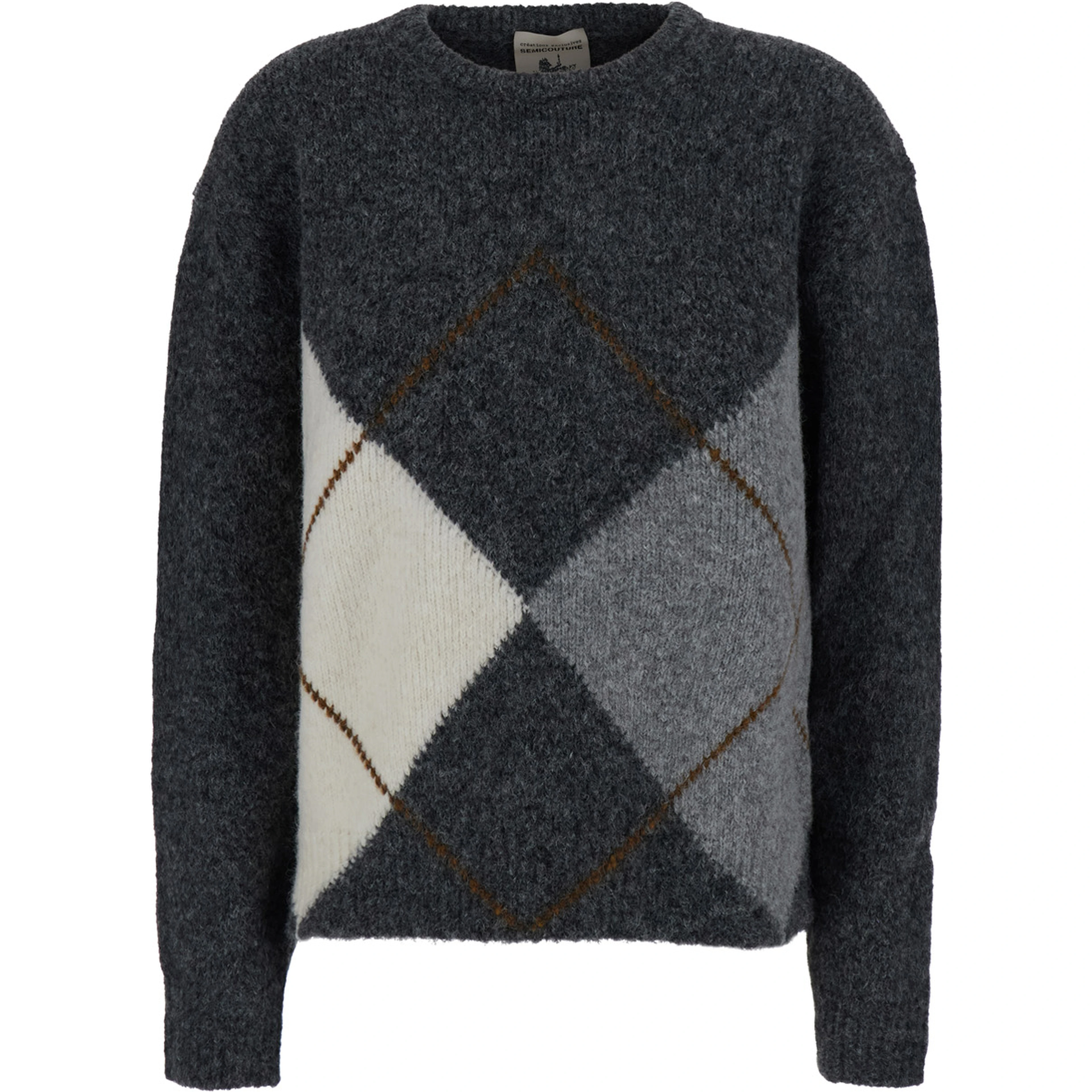 Keira Gray Crew Neck Sweater with Argyle Motif on the Front in Blend Wool for Women