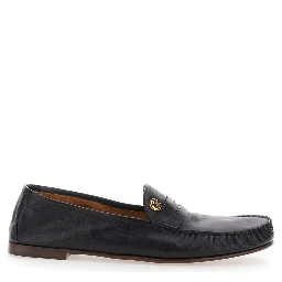 Black Loafers with Medusa Plaque in Leather for Men