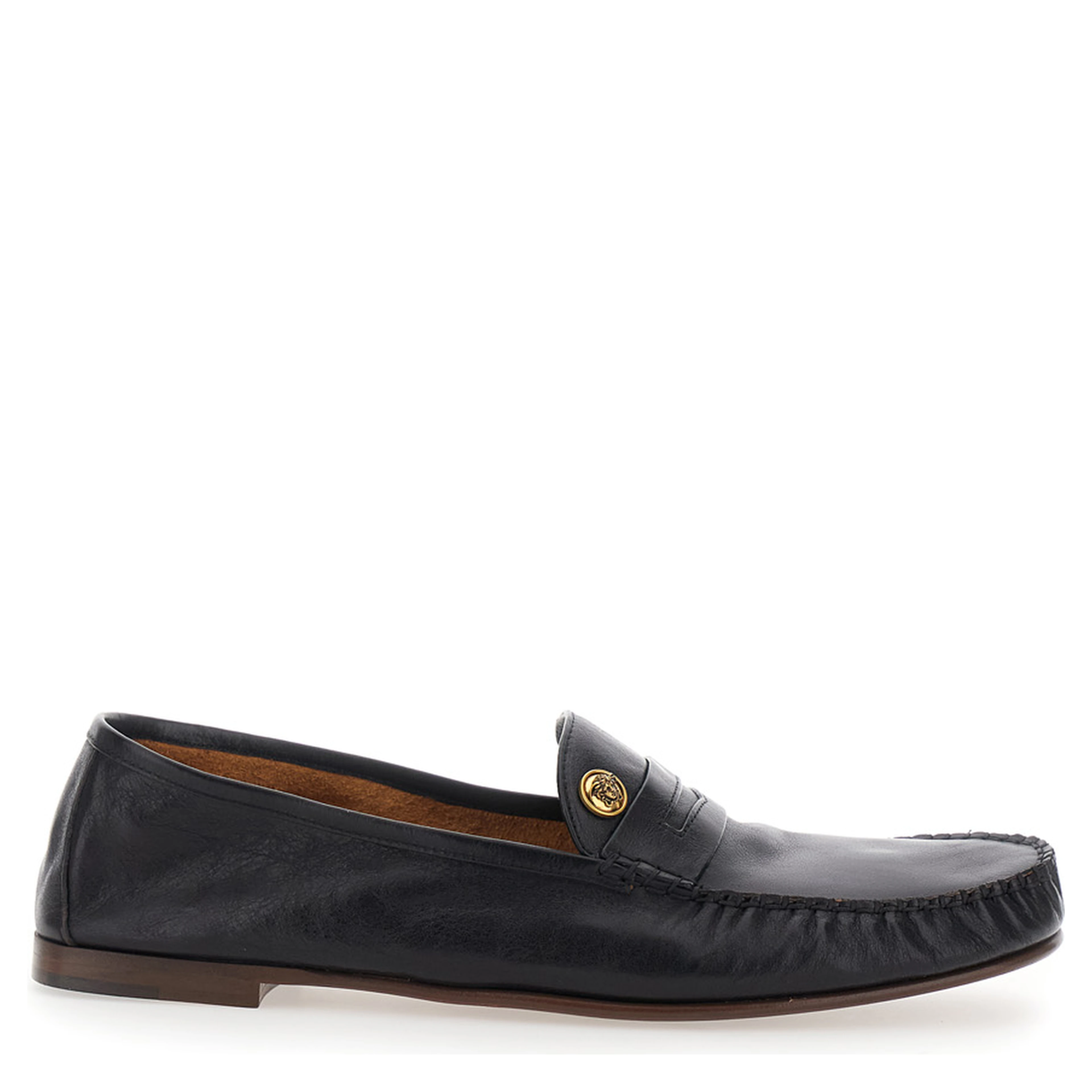 Black Loafers with Medusa Plaque in Leather for Men