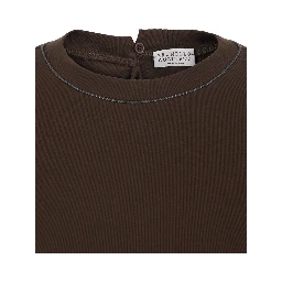 Brown Crew neck T-shirt with Monil detail on the neck and keyhole closure at the back in cotton for women