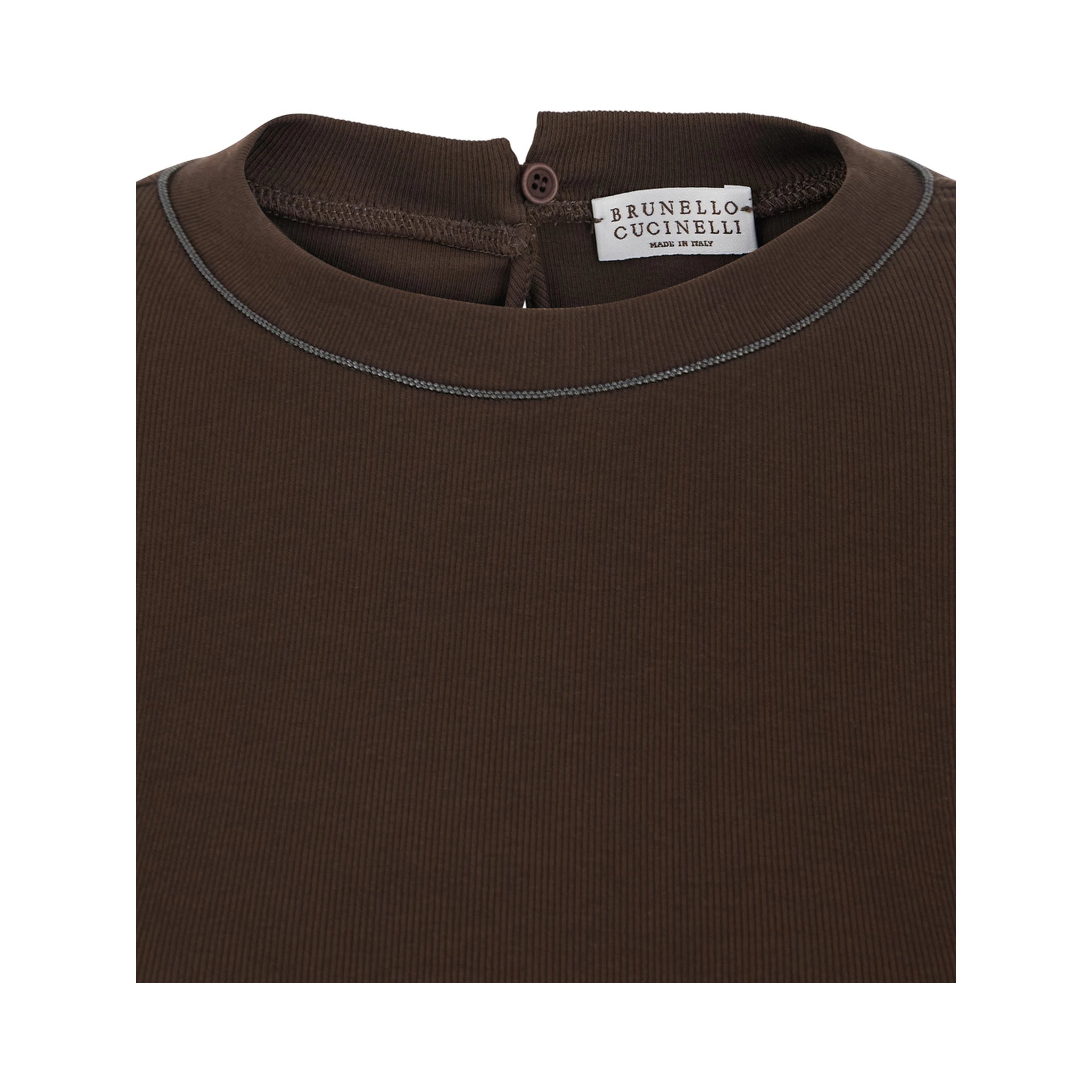 Brown Crew neck T-shirt with Monil detail on the neck and keyhole closure at the back in cotton for women