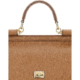 My Sicily Large Handbag with Logo Plate on Front in Grained Brown Leather for Women