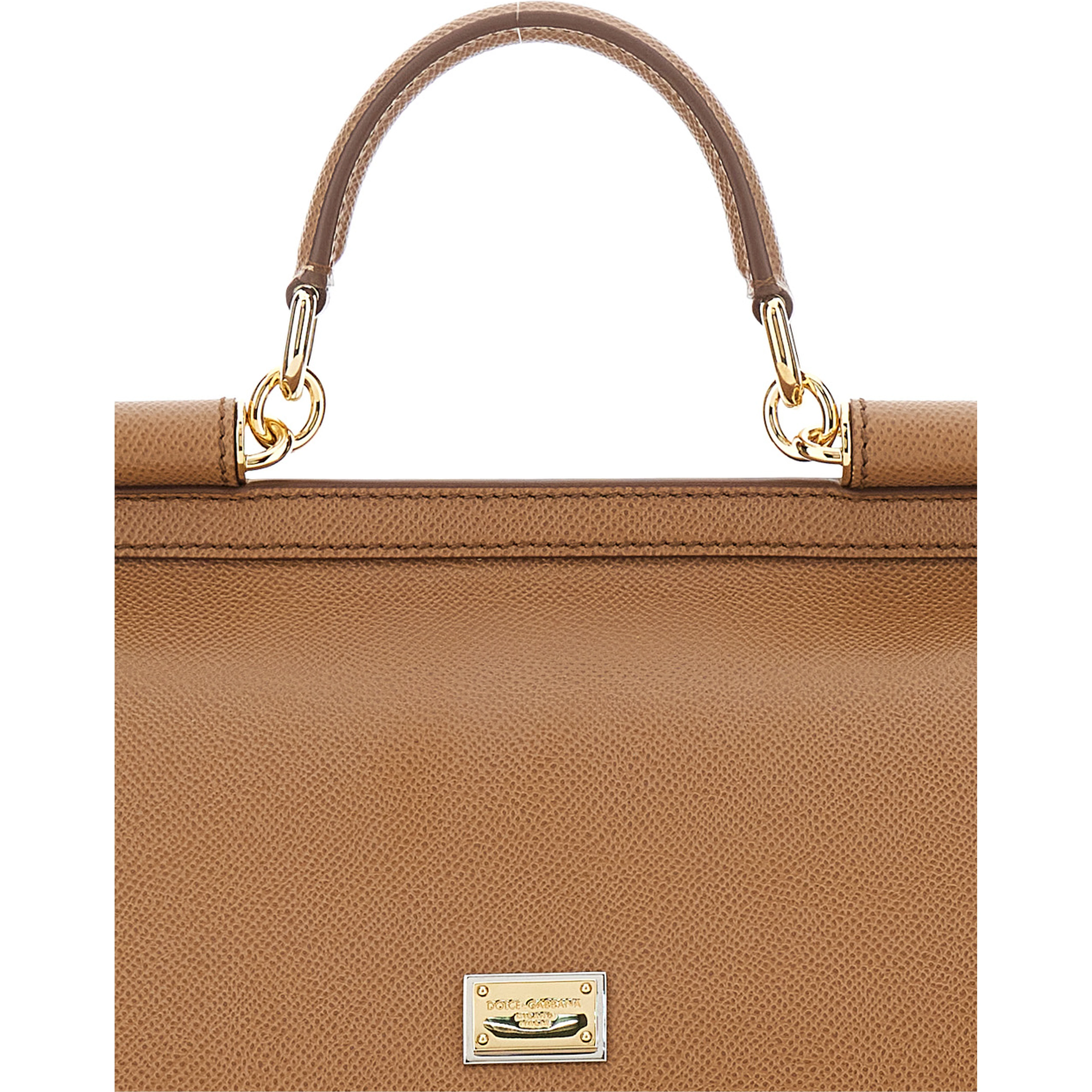 My Sicily Large Handbag with Logo Plate on Front in Grained Brown Leather for Women