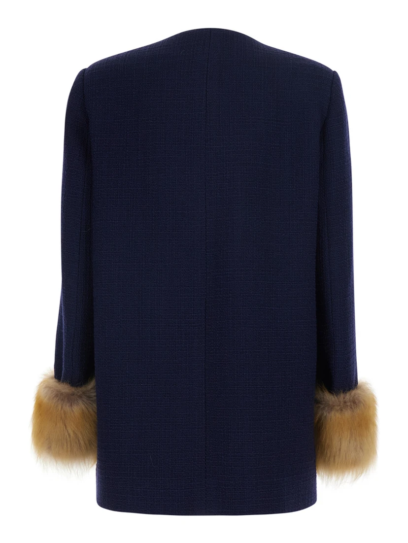 Mossi Blue Jacket with jewel buttons with VLogo and fur cuffs in Blend wool for women