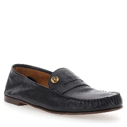 Black Loafers with Medusa Plaque in Leather for Men
