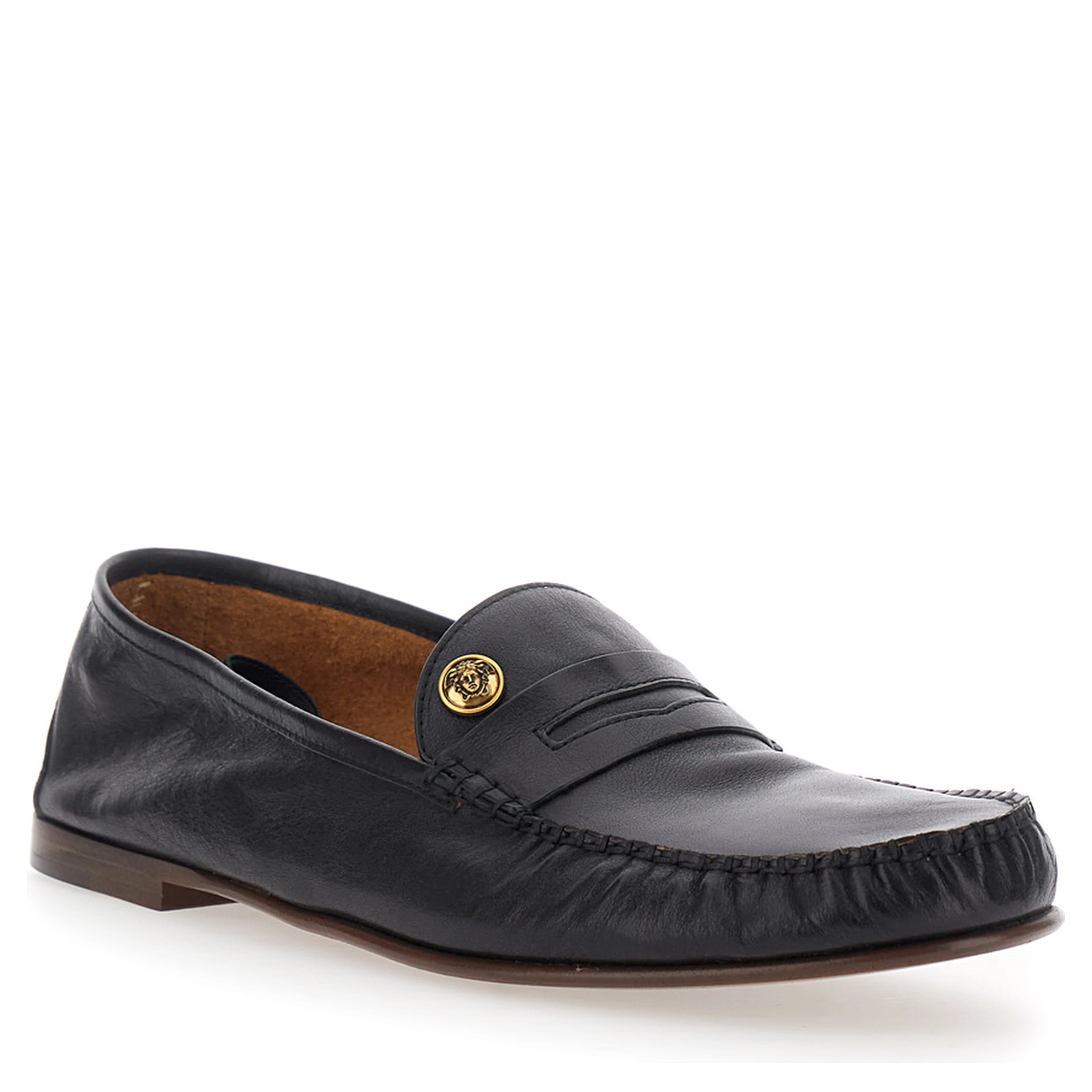Black Loafers with Medusa Plaque in Leather for Men
