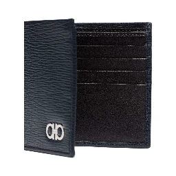 Wallet with Metallic Front Logo in Blue Leather for Men