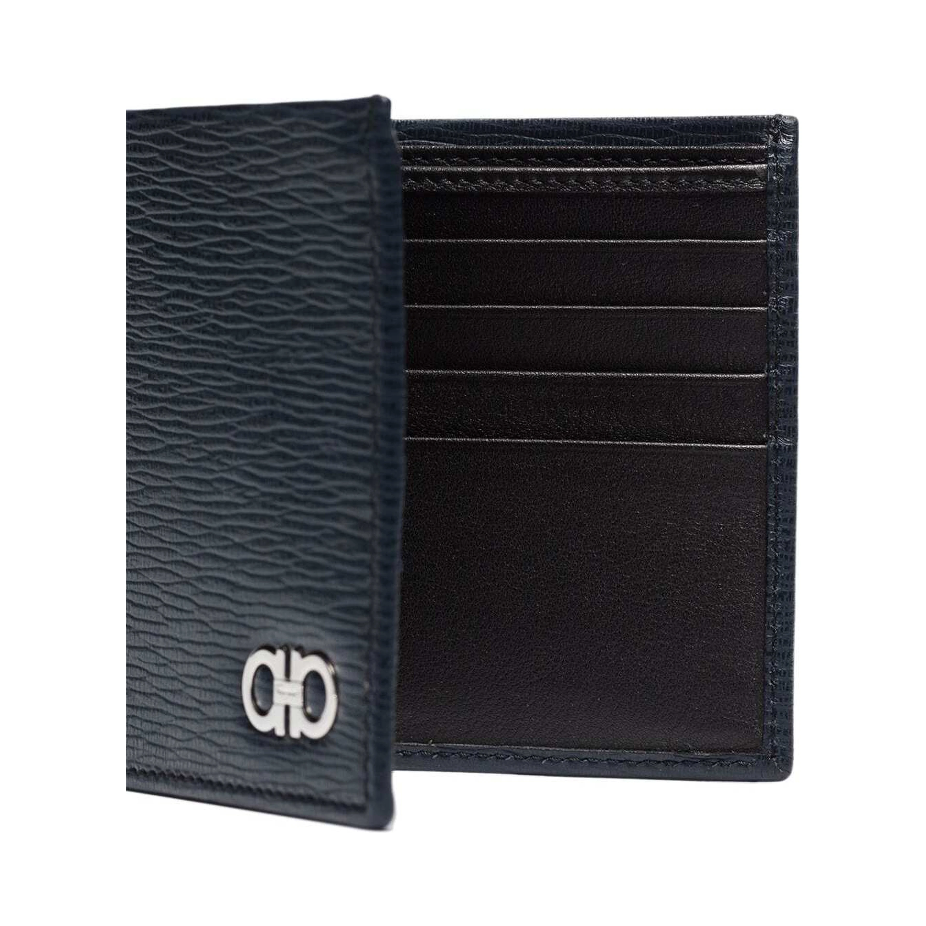 Wallet with Metallic Front Logo in Blue Leather for Men
