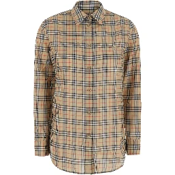 Emma Beige Shirt with EKD embroidery on the front and all-over Check motif in cotton for women