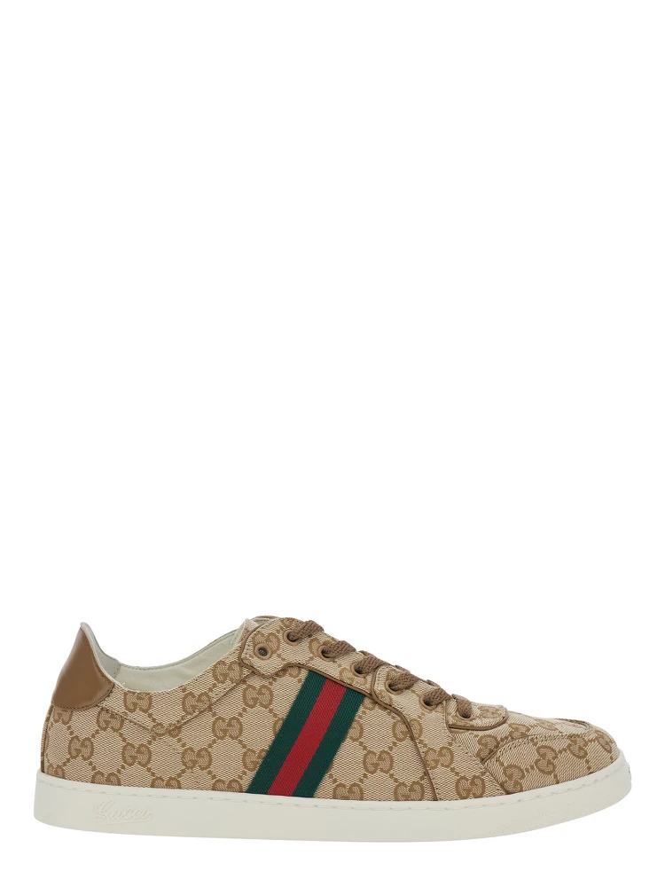 Beige Low Top Sneakers with Web Detail on the Side and GG Plate on the Front in GG Canvas for Men