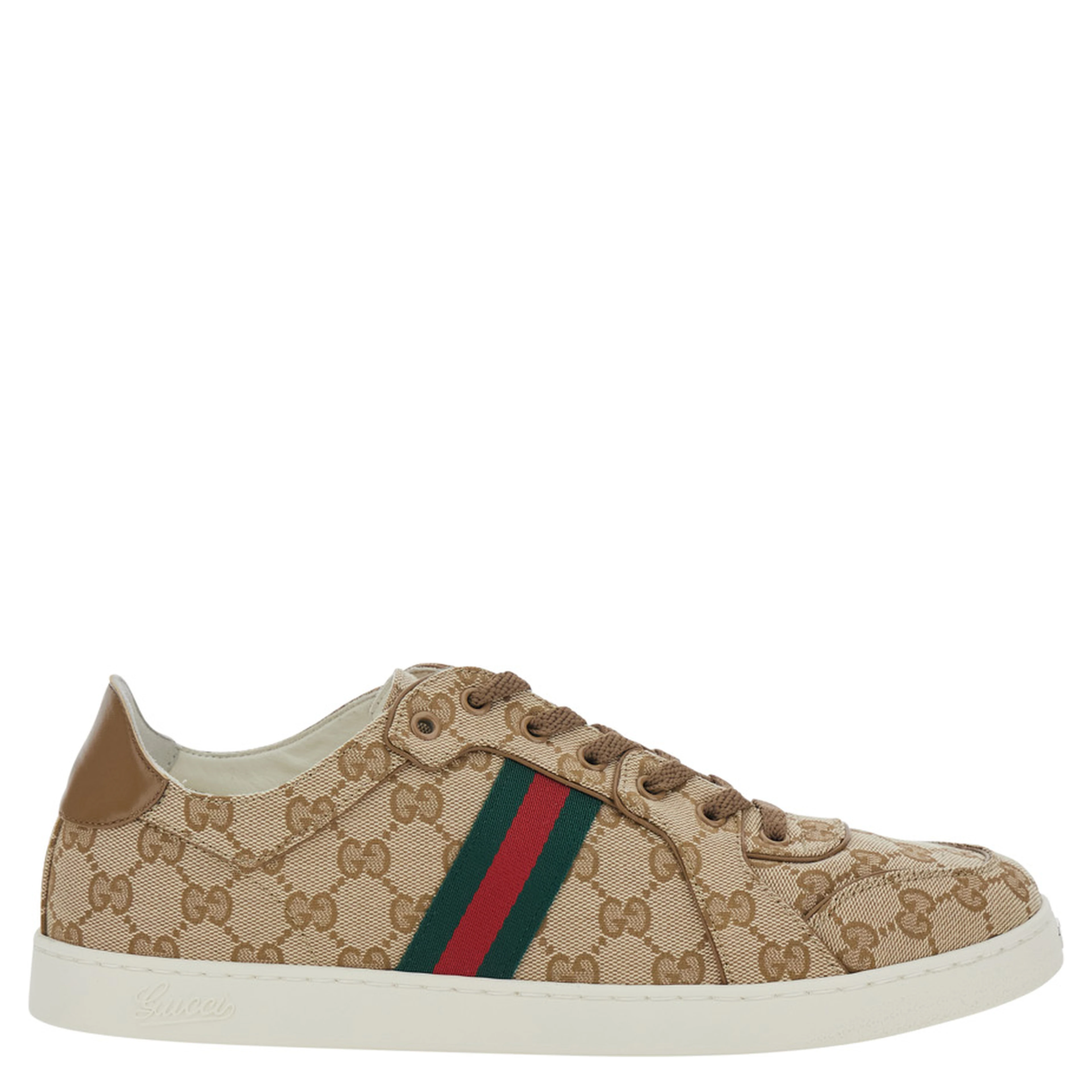 Beige Low Top Sneakers with Web Detail on the Side and GG Plate on the Front in GG Canvas for Men