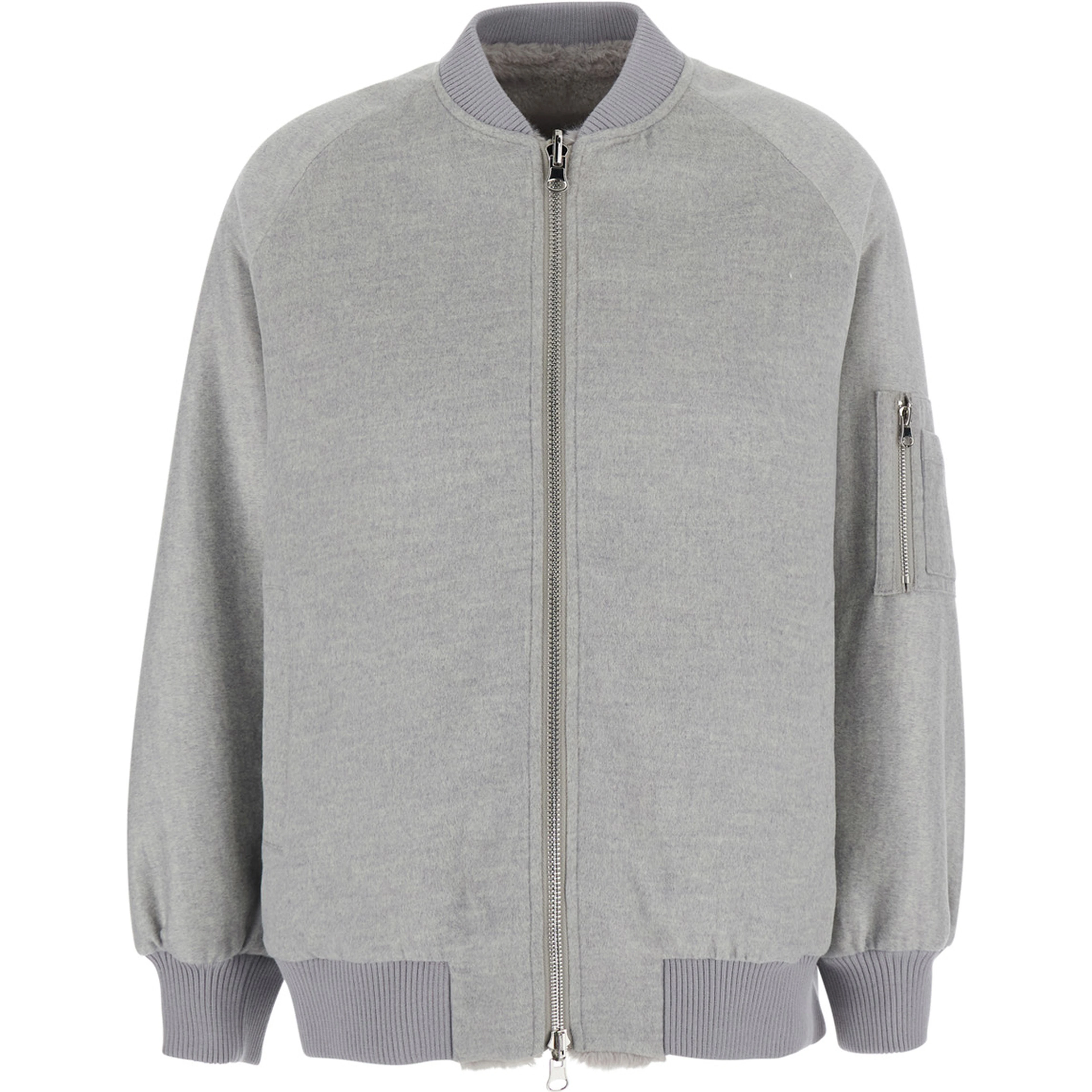 Gray Reversible Bomber Jacket with ribbed finishes and zip pocket on the sleeve in blend wool for women