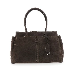 Brown Shoulder bag with embossed logo on the front and removable keychain ring charm in suede for women