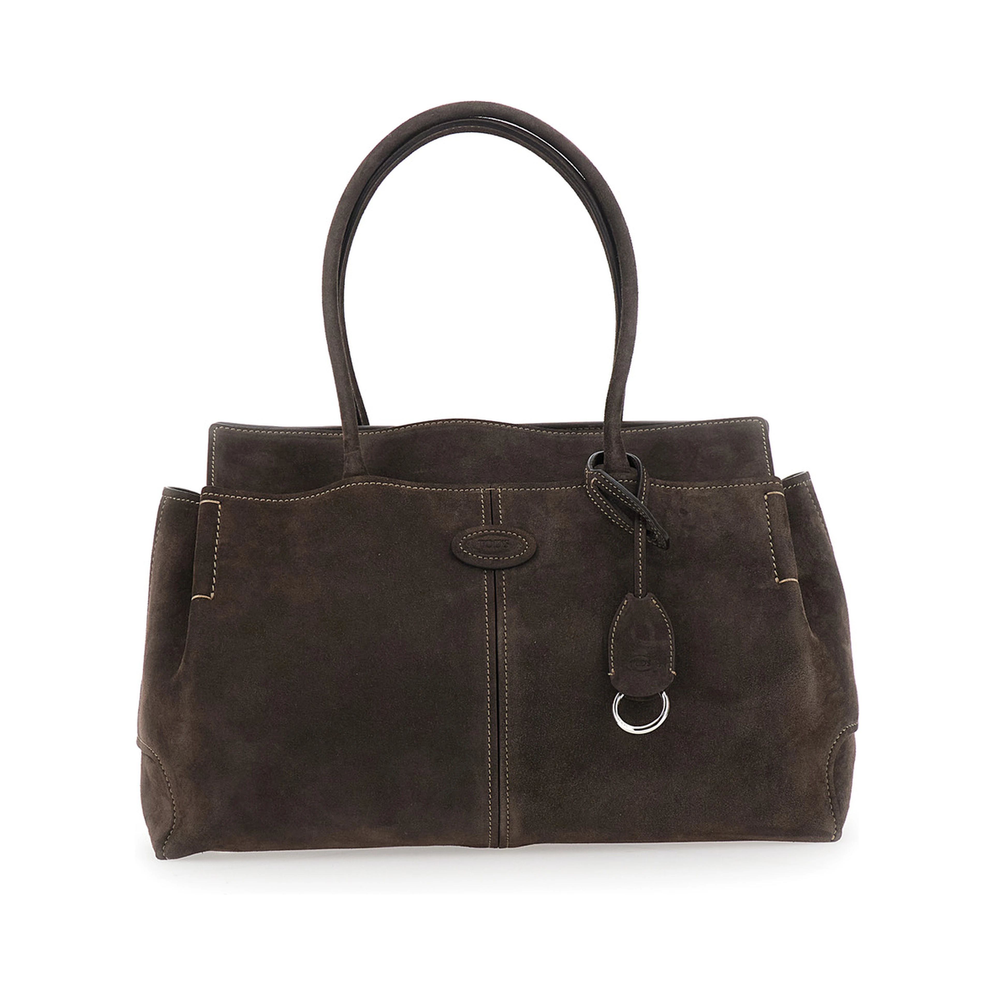 Brown Shoulder bag with embossed logo on the front and removable keychain ring charm in suede for women