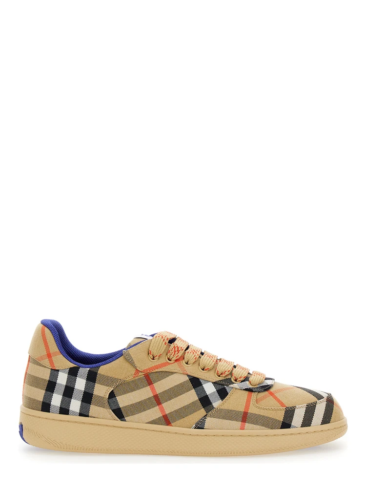 Low Sneakers with Check Motif in Cotton Blend and Tech Fabric Beige Men