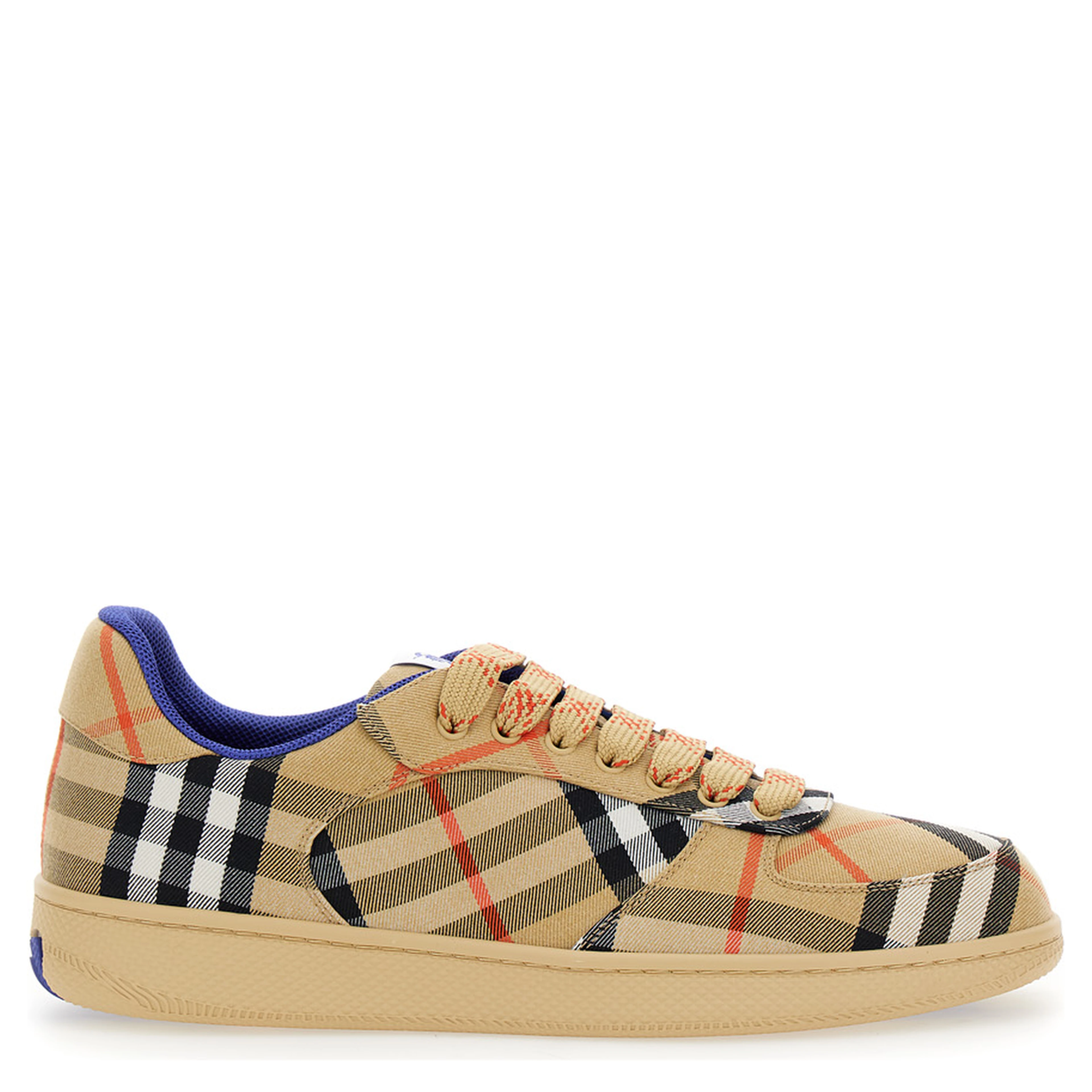 Low Sneakers with Check Motif in Cotton Blend and Tech Fabric Beige Men