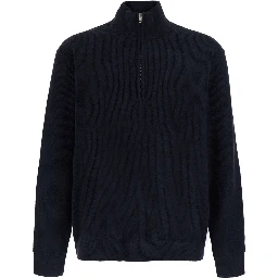 Blue Sweater with Turtleneck and Half Zip Closure on the Front in Wool Blend for Men