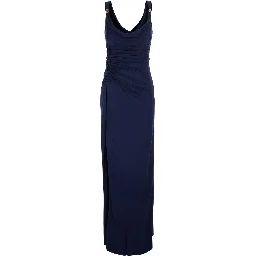 Blue Long Dress with V-Neck and Applied Medusa Buttons in Viscose for Women