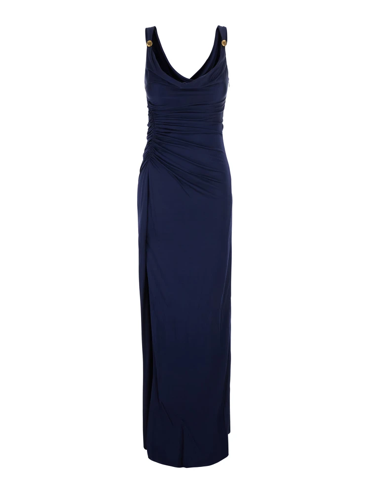 Blue Long Dress with V-Neck and Applied Medusa Buttons in Viscose for Women