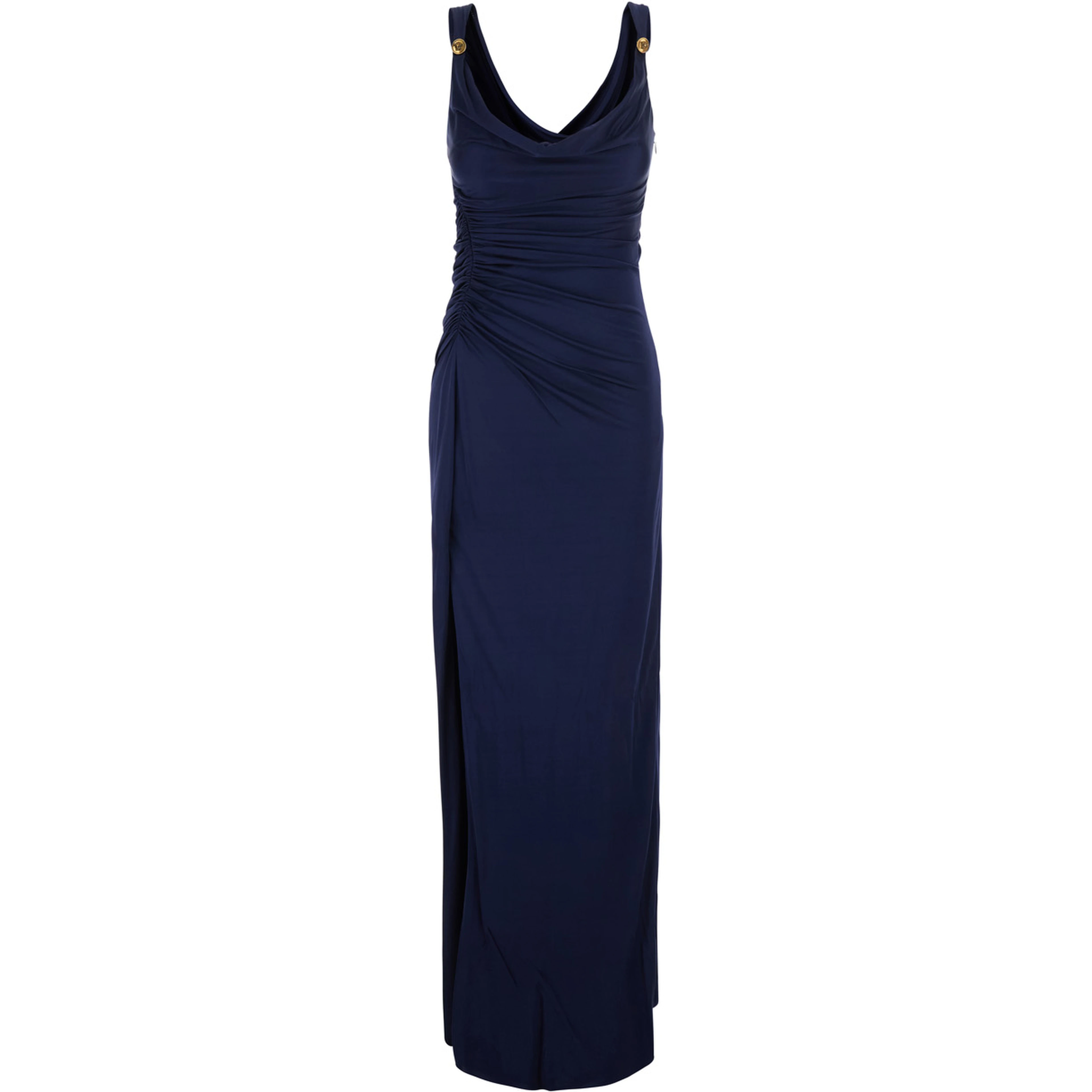 Blue Long Dress with V-Neck and Applied Medusa Buttons in Viscose for Women