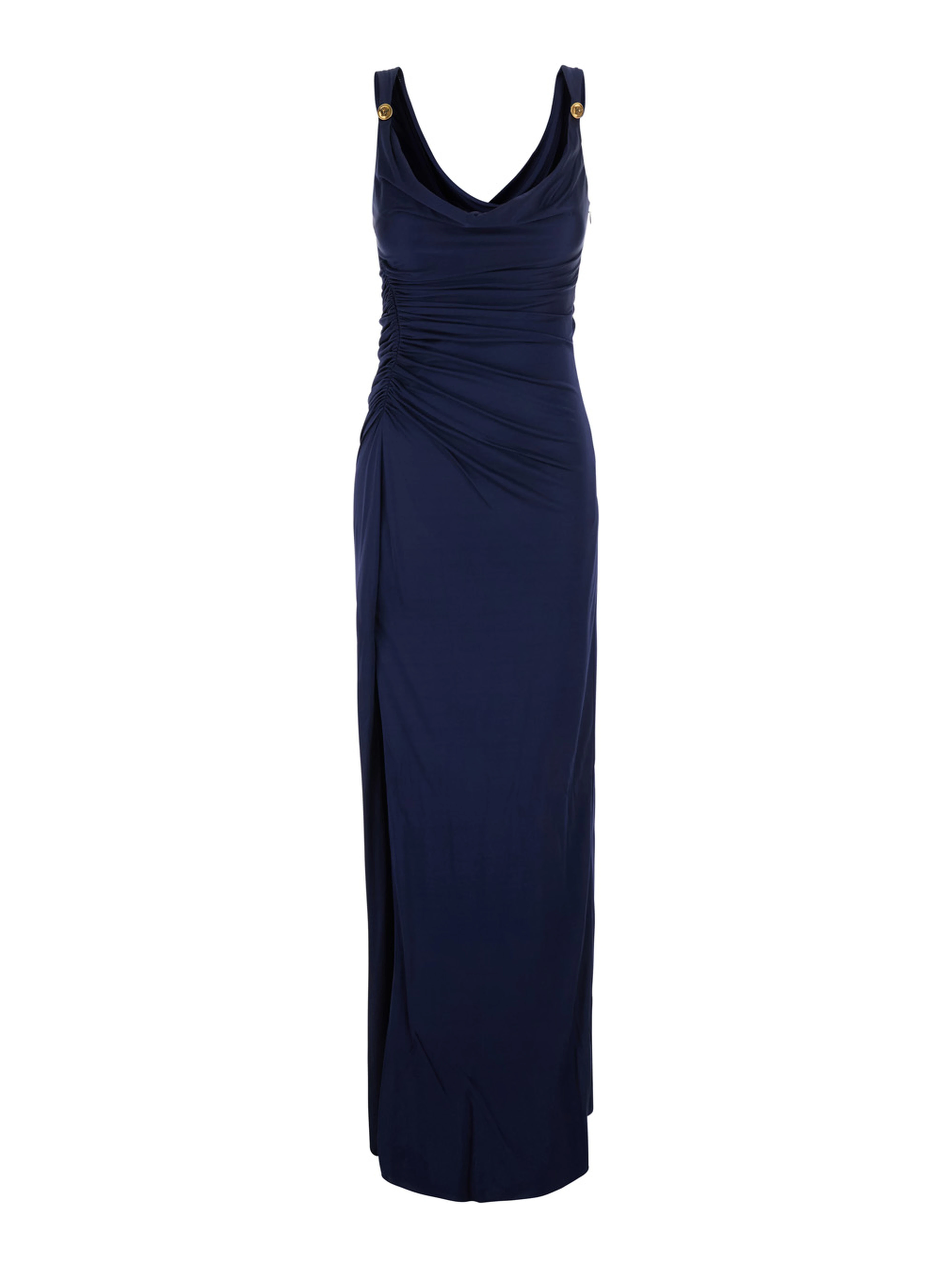 Blue Long Dress with V-Neck and Applied Medusa Buttons in Viscose for Women