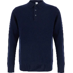 Blue Long Sleeve Polo Shirt with Collar in Blend Wool and Cashmere Men