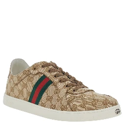 Beige Low Top Sneakers with Web Detail on the Side and GG Plate on the Front in GG Canvas for Men