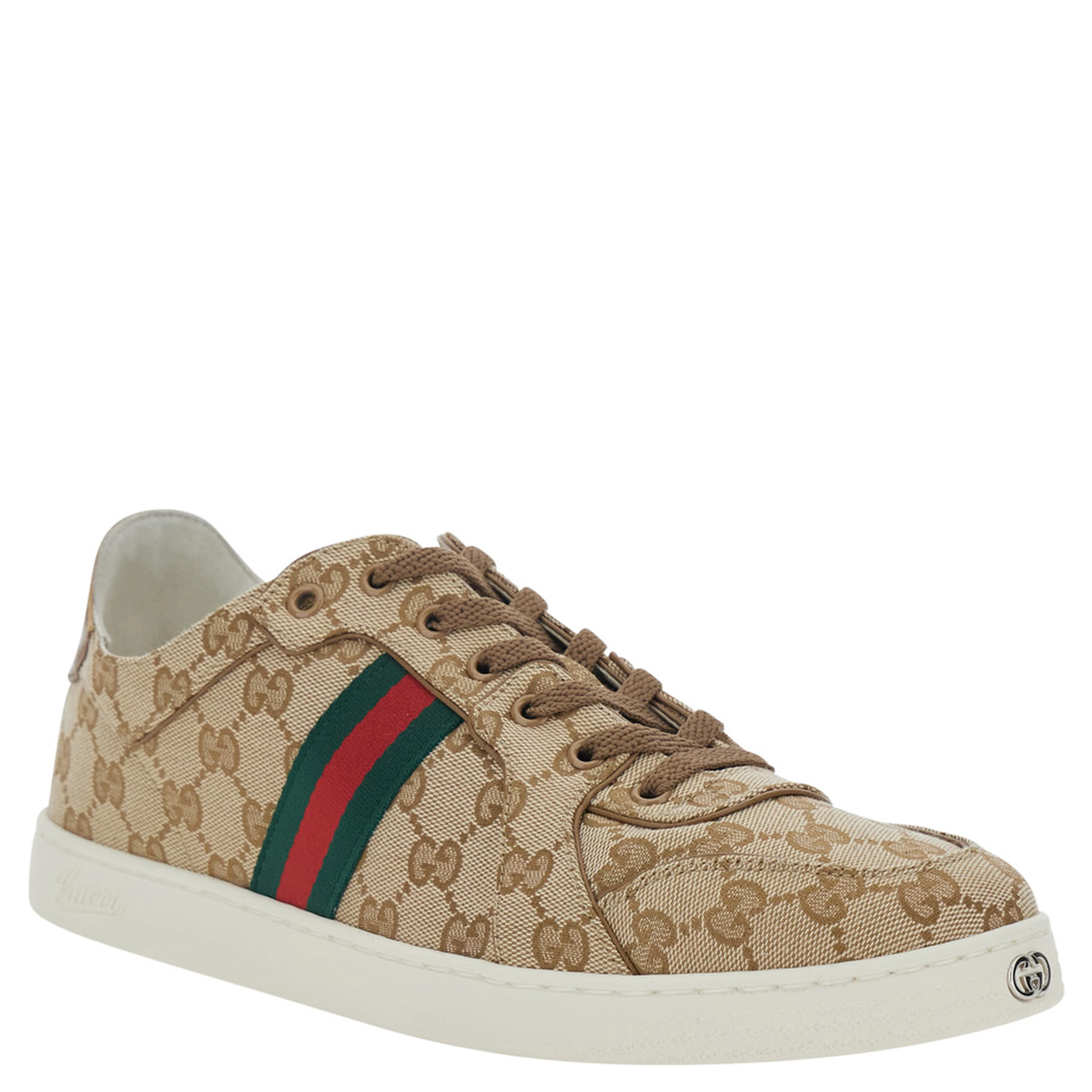 Beige Low Top Sneakers with Web Detail on the Side and GG Plate on the Front in GG Canvas for Men