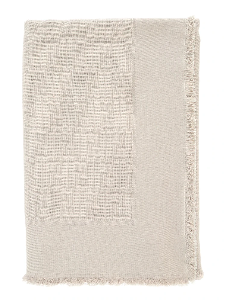 Beige Square Scarf with Fringed Hem and FF Pattern in Wool Blend for Women