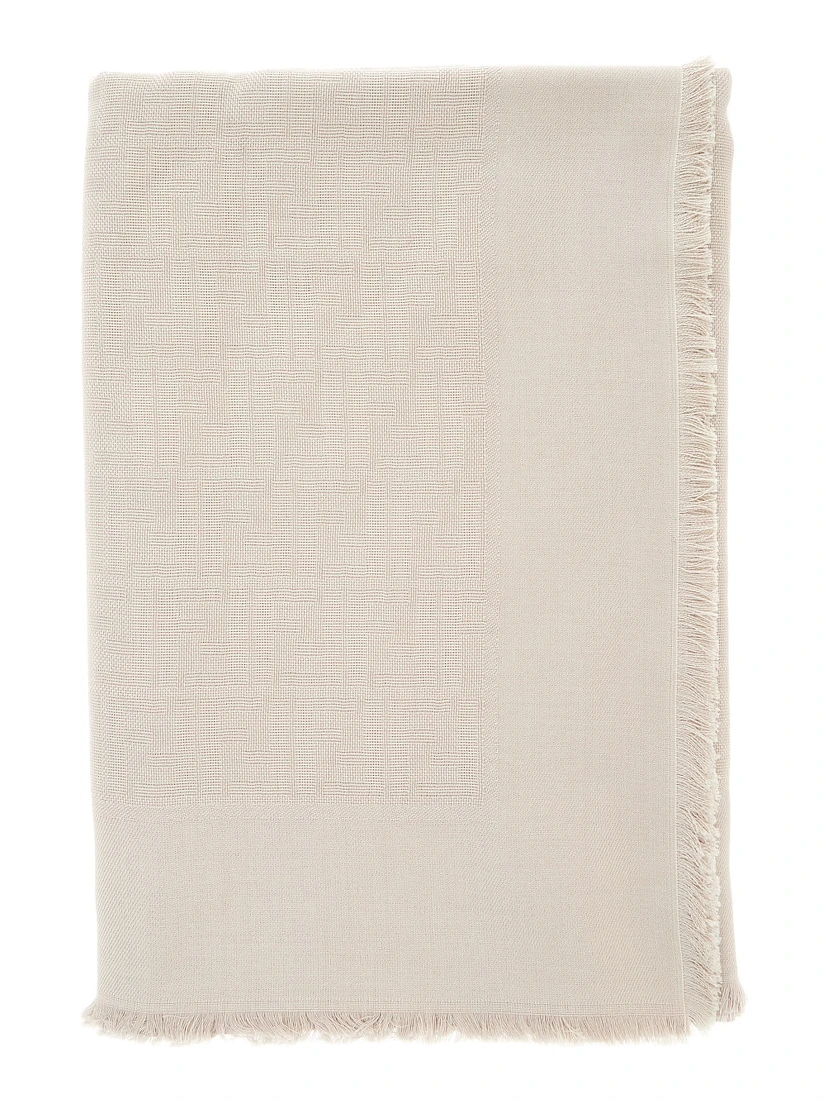 Beige Square Scarf with Fringed Hem and FF Pattern in Wool Blend for Women