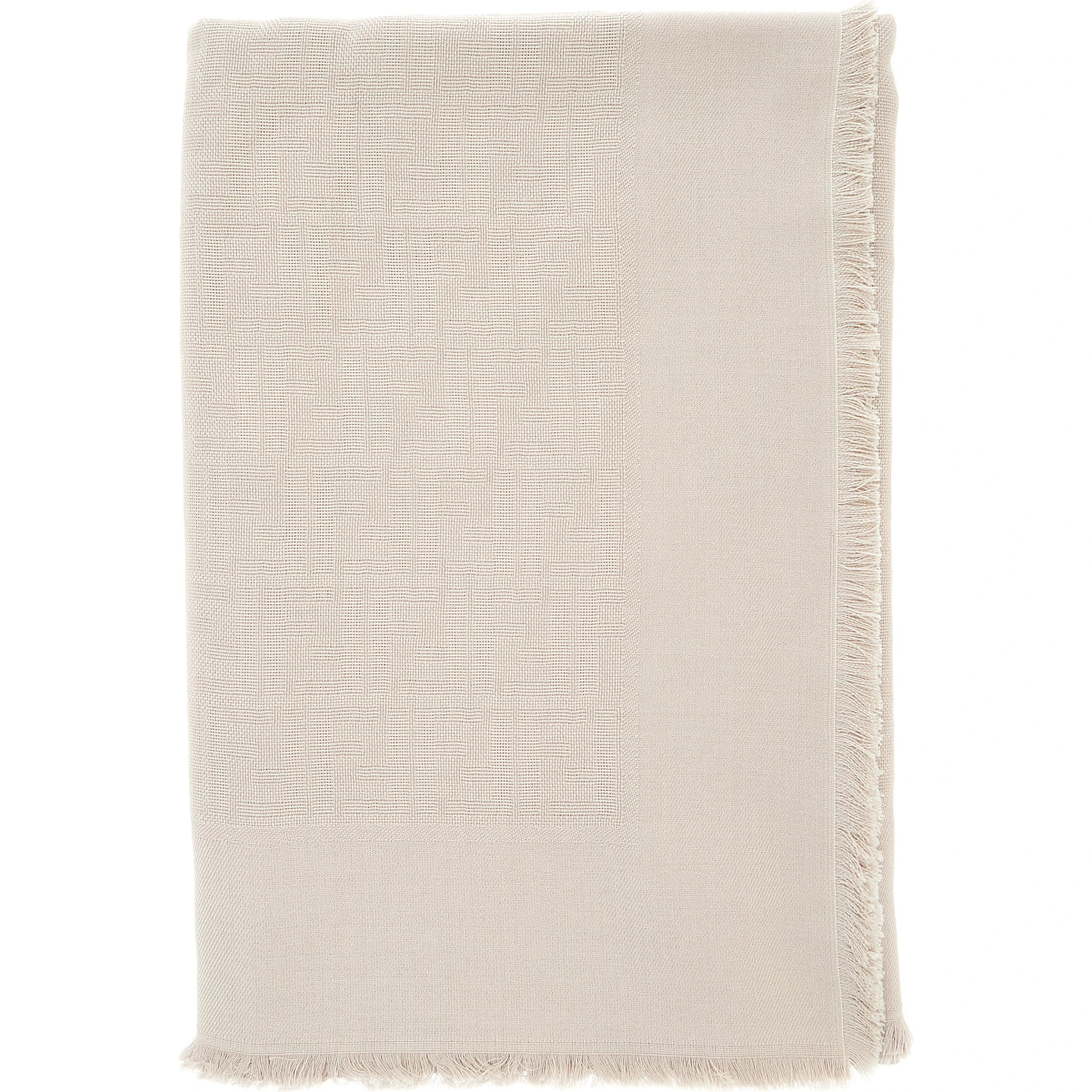 Beige Square Scarf with Fringed Hem and FF Pattern in Wool Blend for Women