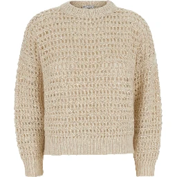 White Crew Neck Sweater with Openwork Knit in Blend Wool and Cashmere for Women