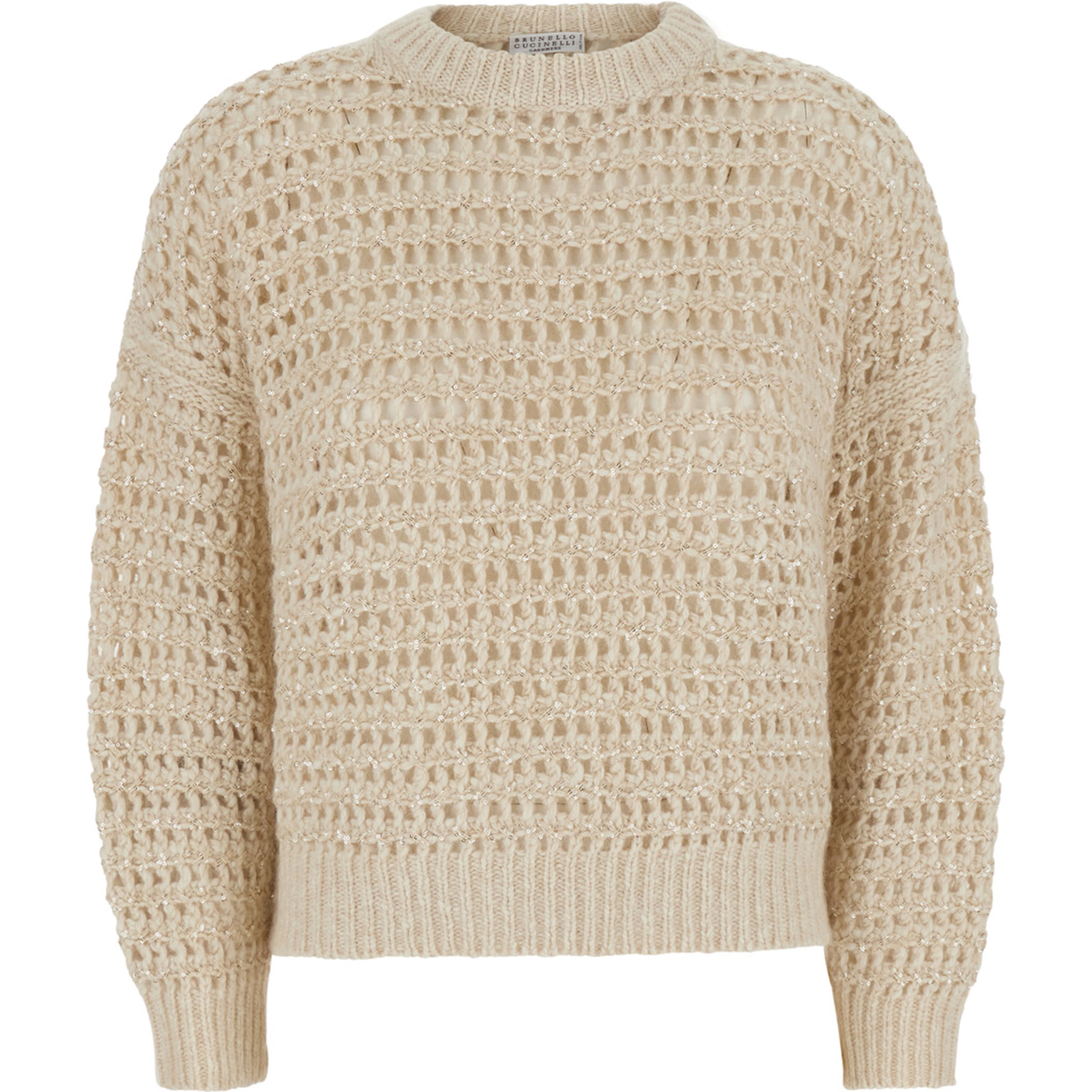 White Crew Neck Sweater with Openwork Knit in Blend Wool and Cashmere for Women