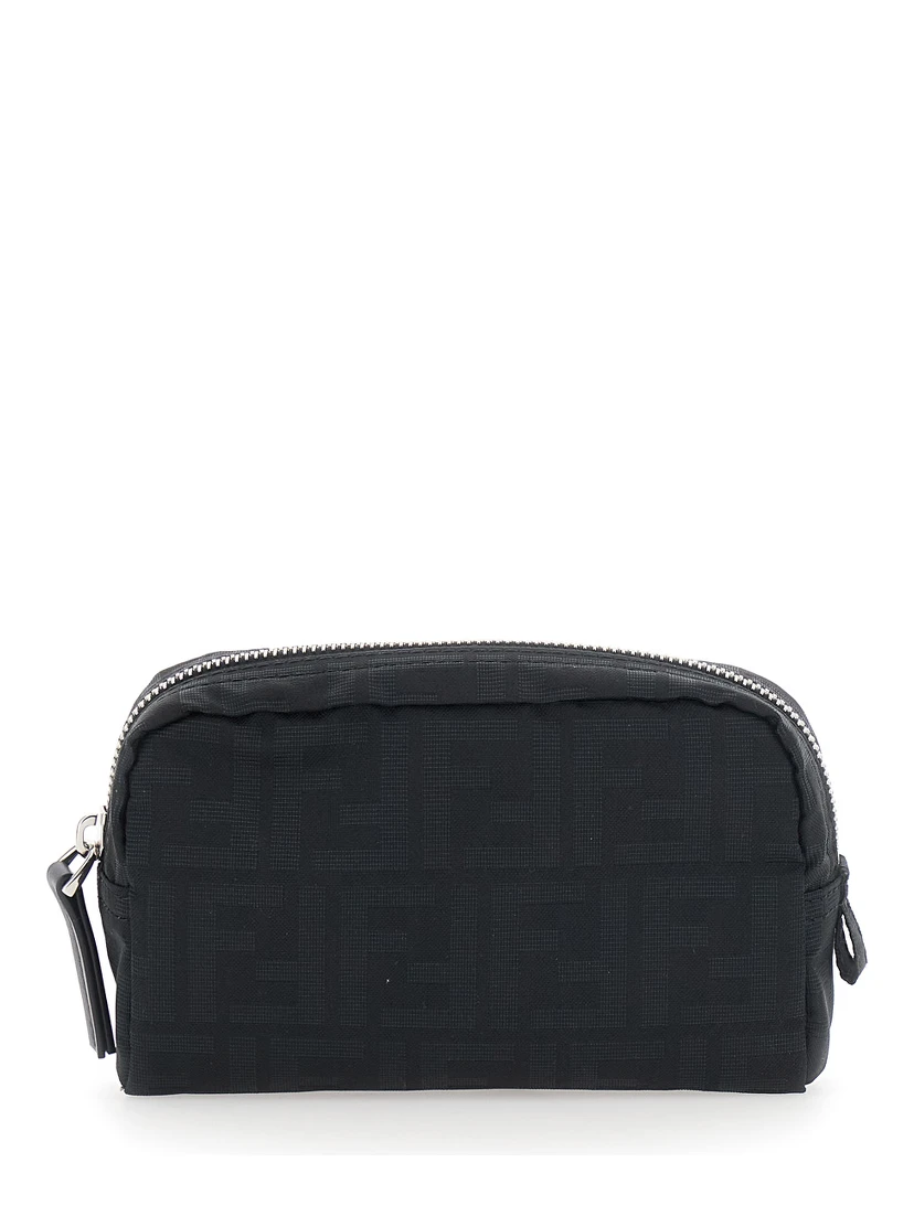Black Pouch with Zip Closure in FF Canvas for Men