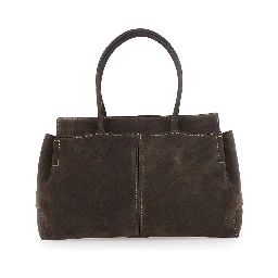 Brown Shoulder bag with embossed logo on the front and removable keychain ring charm in suede for women