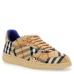 Low Sneakers with Check Motif in Cotton Blend and Tech Fabric Beige Men
