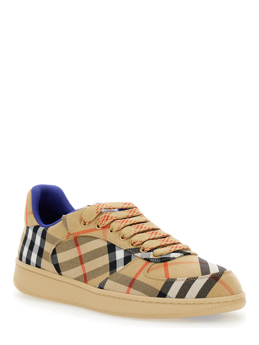 Low Sneakers with Check Motif in Cotton Blend and Tech Fabric Beige Men