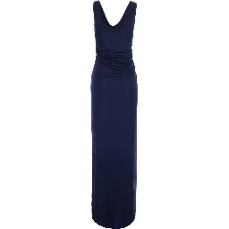 Blue Long Dress with V-Neck and Applied Medusa Buttons in Viscose for Women